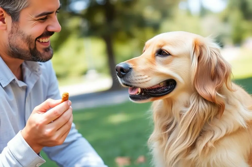 Cão da raça Golden Retriever olhando atentamente para seu tutor durante o adestramento.