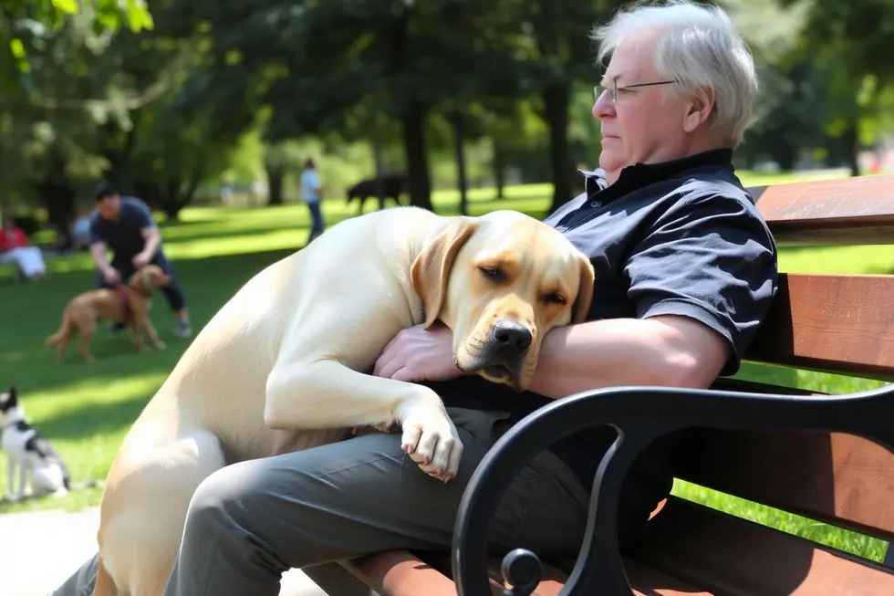 Labrador deitado no colo do tutor em um parque ensolarado.