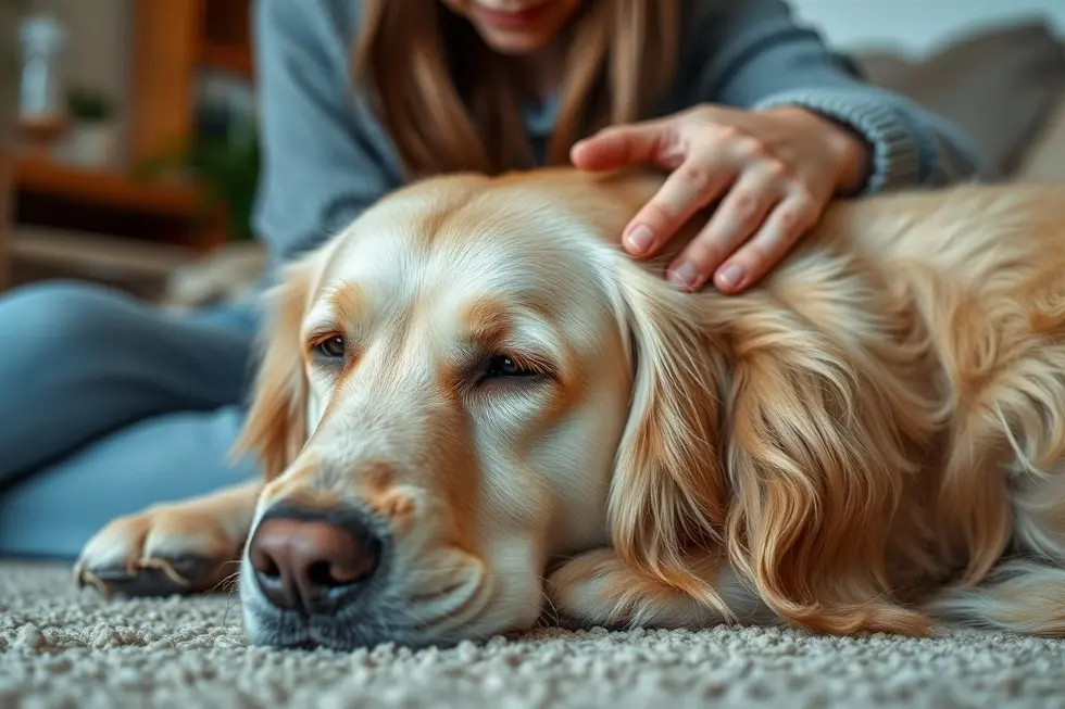 Tutor confortando seu cachorro doente.