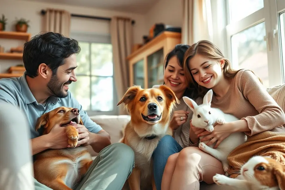 Família interagindo carinhosamente com seus pets em casa.