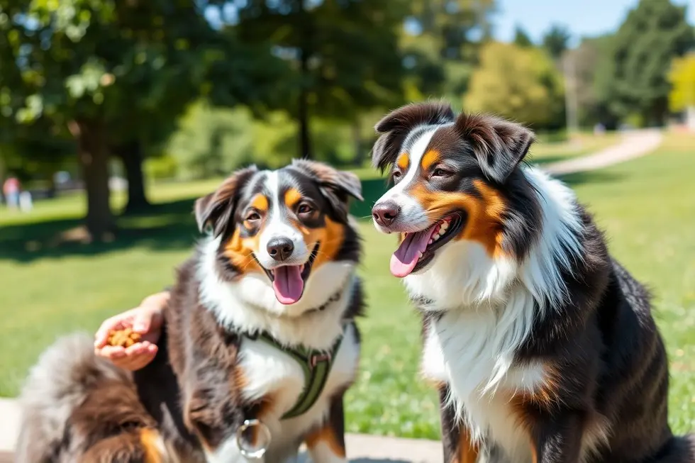 Cachorro e tutor sorrindo em um parque, representando o reforço positivo.
