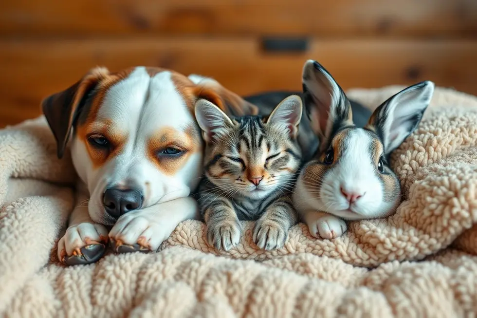 Grupo de animais de estimação descansando juntos em ambiente seguro e confortável.
