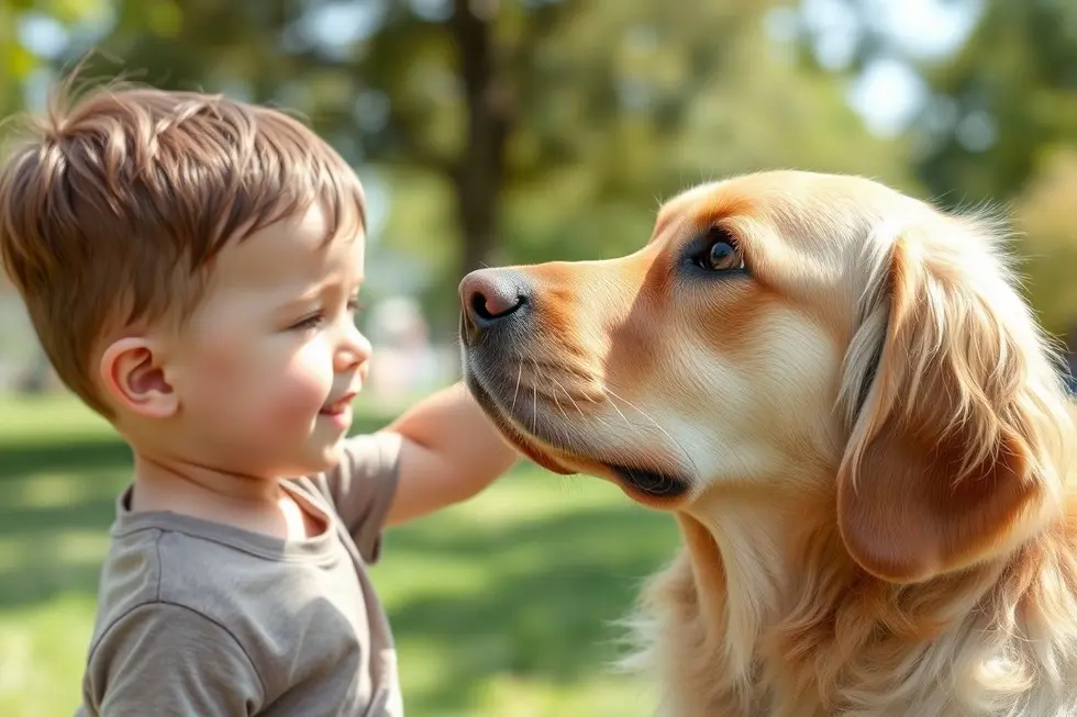 Criança acariciando um cão.