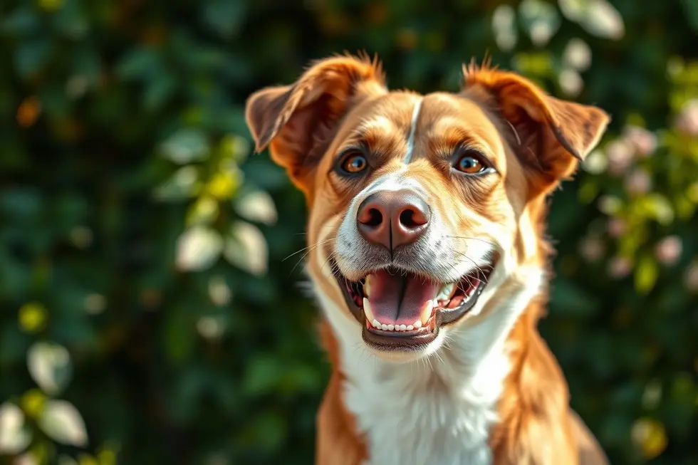 Cão sorrindo em dia ensolarado.