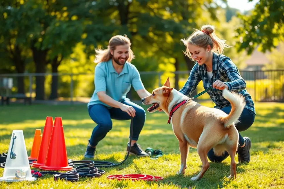 Um treinador de cães engajado em uma sessão de treinamento com um cachorro em um parque ensolarado.