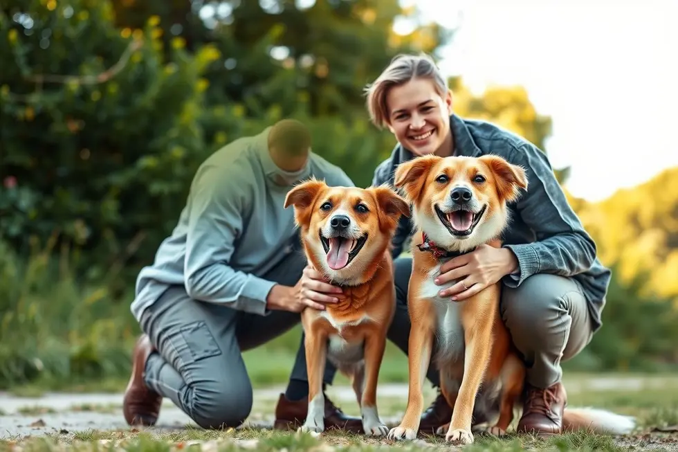 Adestrador de cães interagindo alegremente com um cachorro durante o treino.