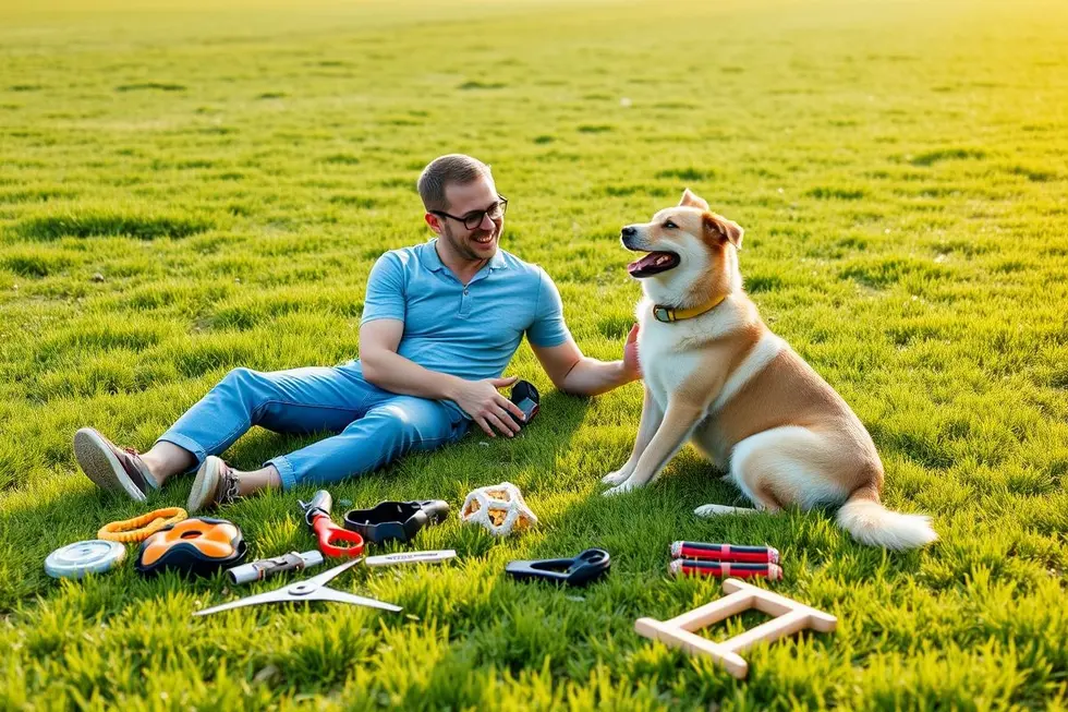 Um adestrador de cães sentado com seu cão, rodeado de ferramentas de adestramento em um espaço aberto.