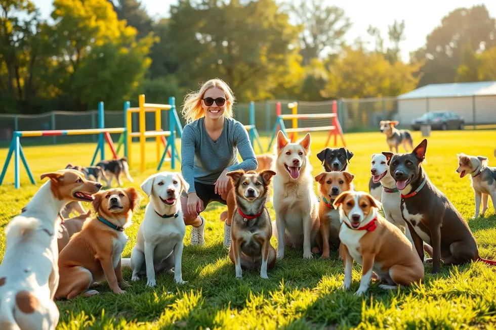 Um treinador de cães rodeado de cães obedientes em um ambiente de adestramento.
