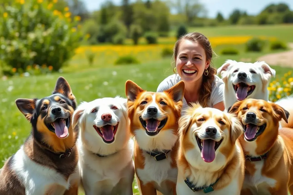 Um treinador de cães feliz cercado por vários cães felizes em um ambiente ao ar livre.