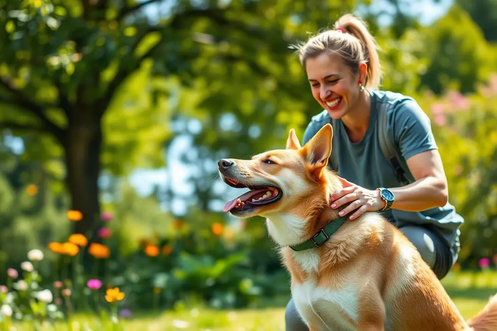 Adestrador de cães interagindo durante um treinamento com um cachorro em um parque.