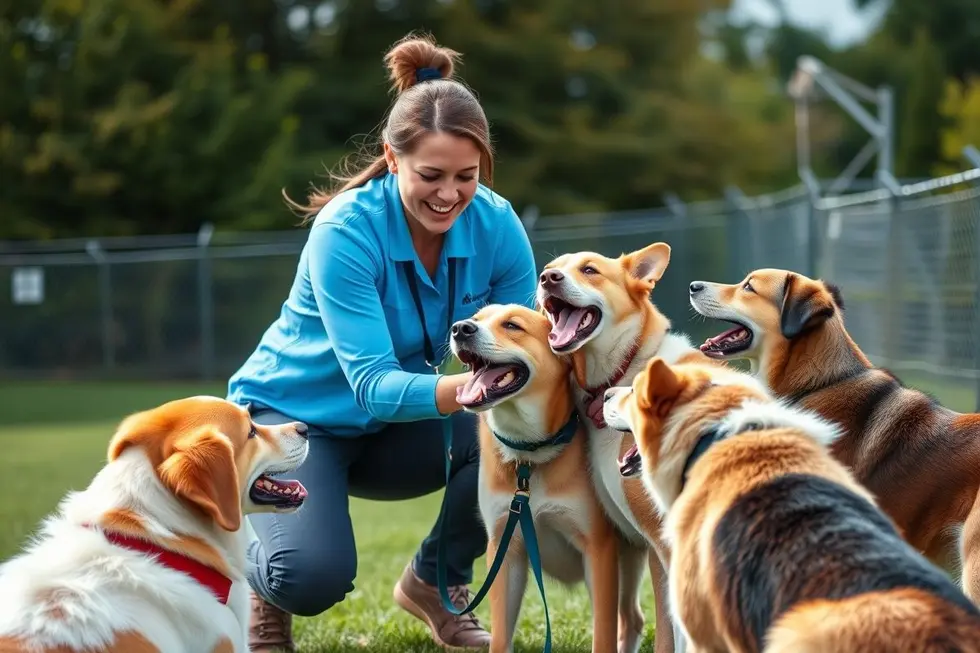 Um adestrador interagindo alegremente com vários cães durante uma sessão de treinamento.