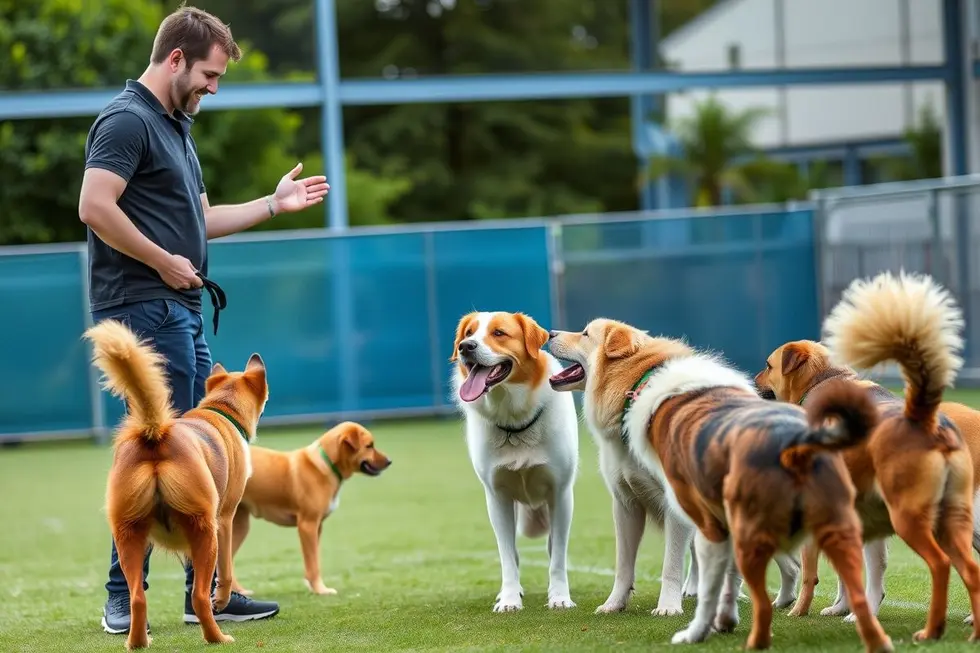 Imagem de um adestrador de cães trabalhando animadamente com vários animais em uma sessão de treinamento.