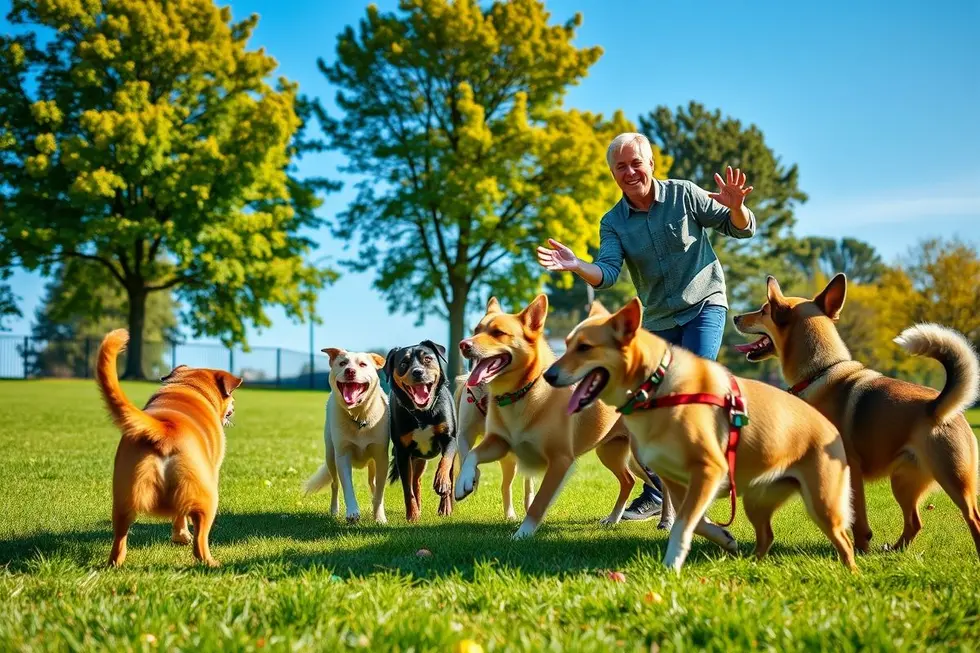 Um adestrador interagindo alegremente com cães em um ambiente de treinamento externo.