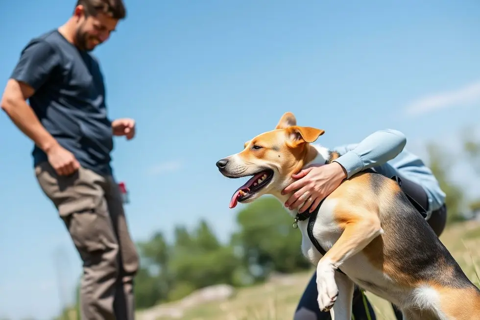 Adestrador interagindo com um cachorro em uma sessão de treinamento.