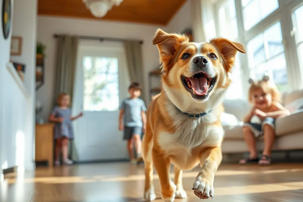 Cão vira-lata brincando feliz em casa com crianças.