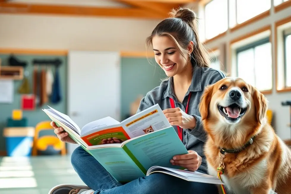 Um aspirante a adestrador estudando técnicas de adestramento com um cão ao lado.
