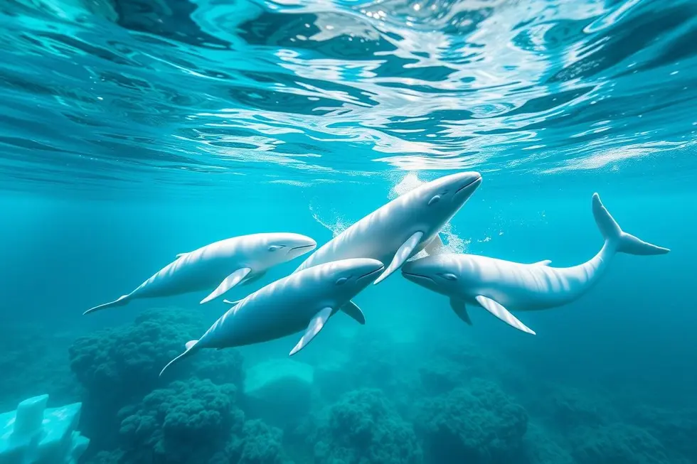 Grupo de baleias-beluga em um ambiente aquático vibrante, enfatizando seu comportamento social.