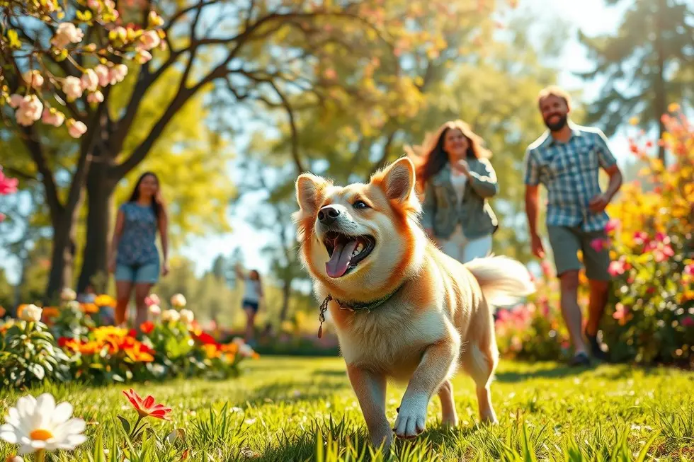 Cachorra resgatada brincando em um parque com sua família.