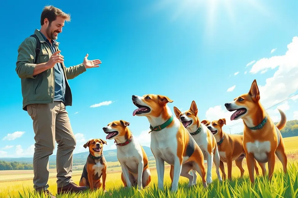 Um adestrador de cães interagindo com um grupo de cães em um parque.