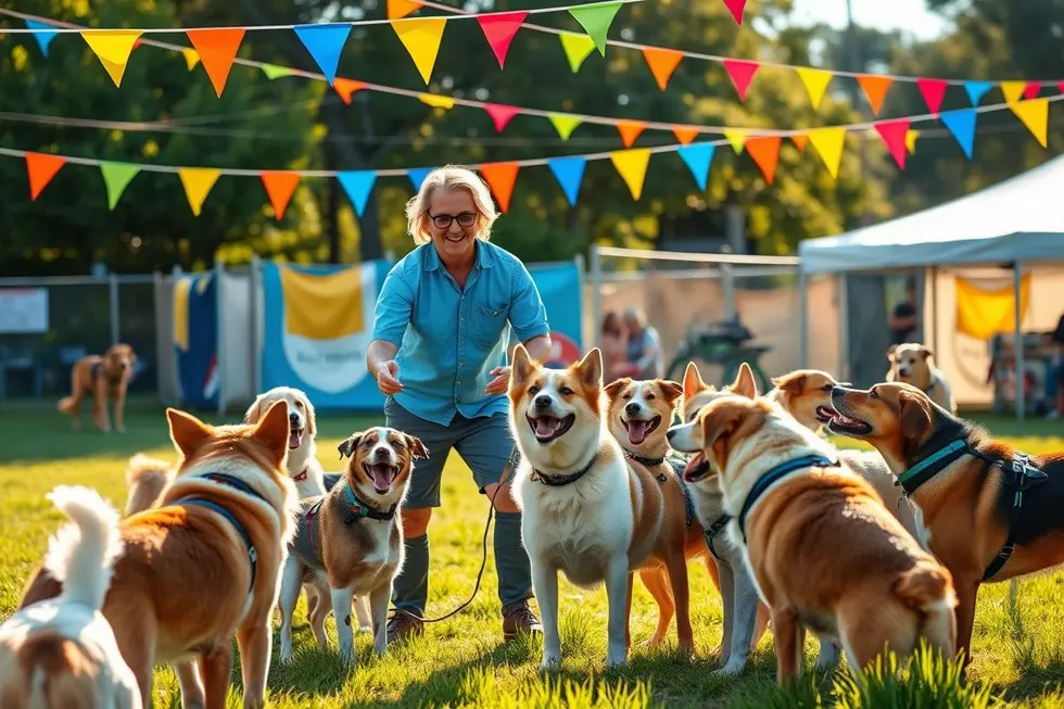 Adestrador cercado por cães felizes em um campo de treinamento vibrante.