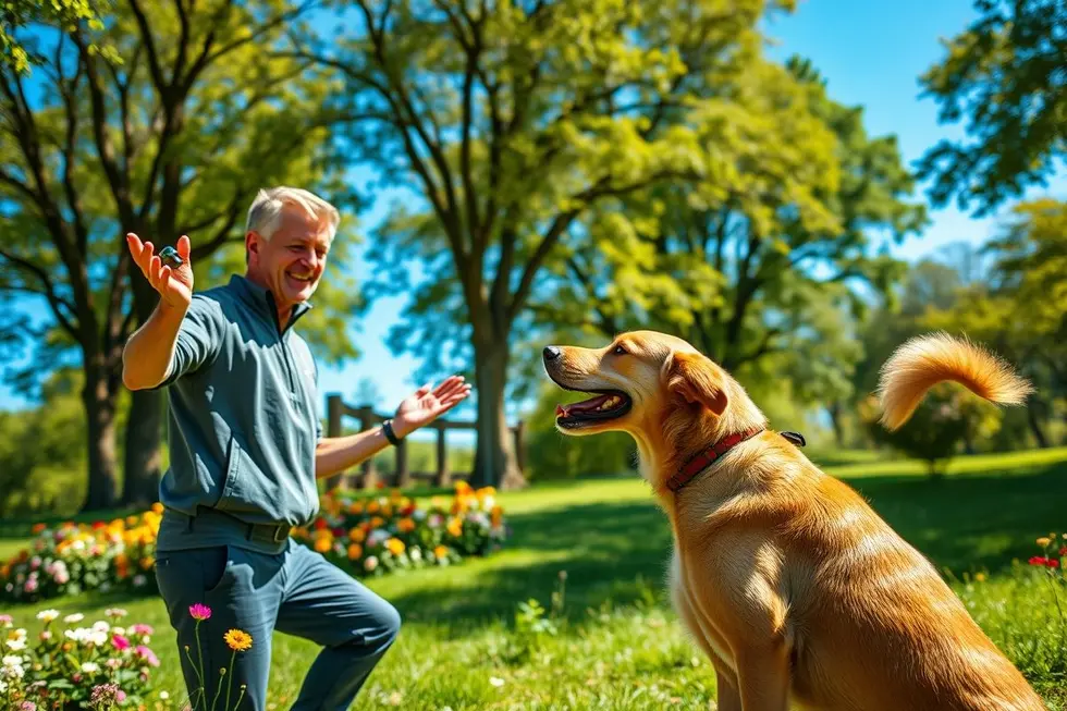 Treinador de cães e um cão feliz em uma sessão de adestramento ao ar livre, demonstrando a conexão positiva.