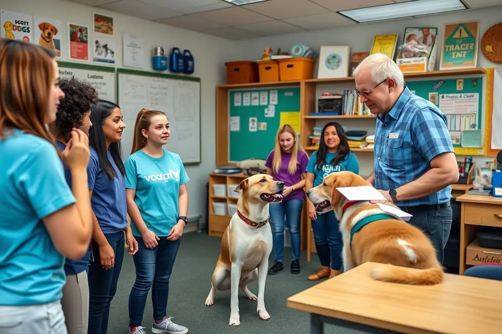Cenário de uma sala de aula de treinamento para adestradores de cães.