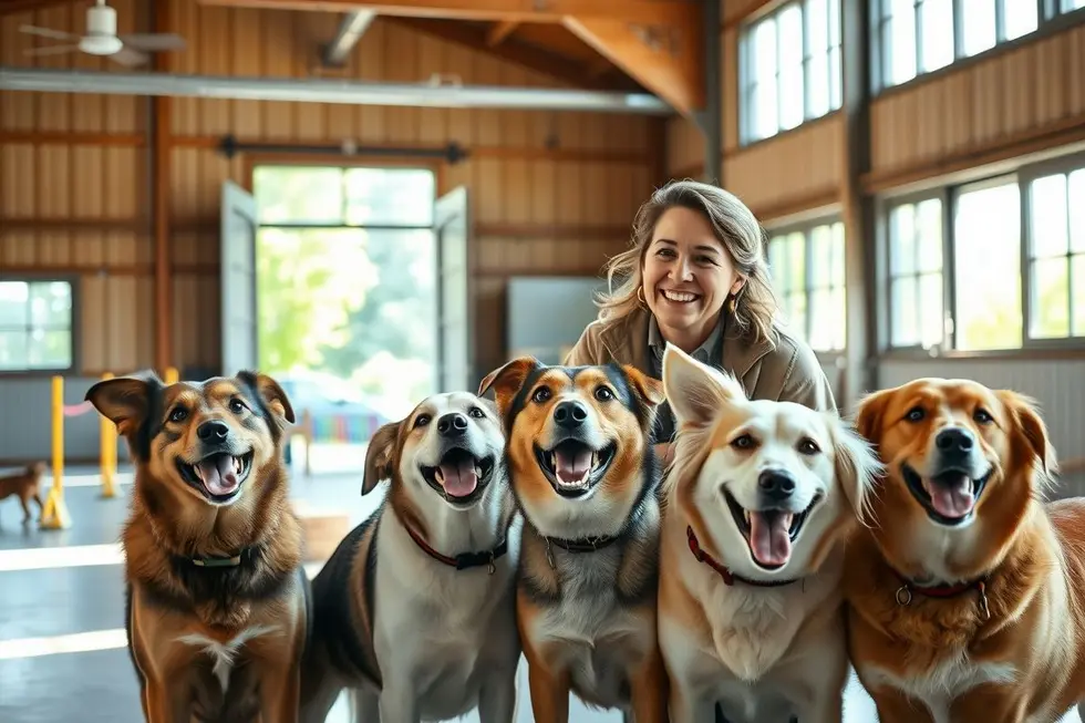 Imagem inspiradora de um adestrador trabalhando com cães felizes.