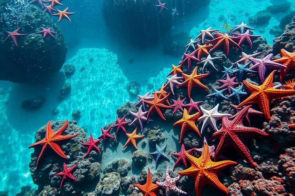 Paisagem subaquática rica em detalhas, apresentando estrelas-do-mar em várias cores e texturas.