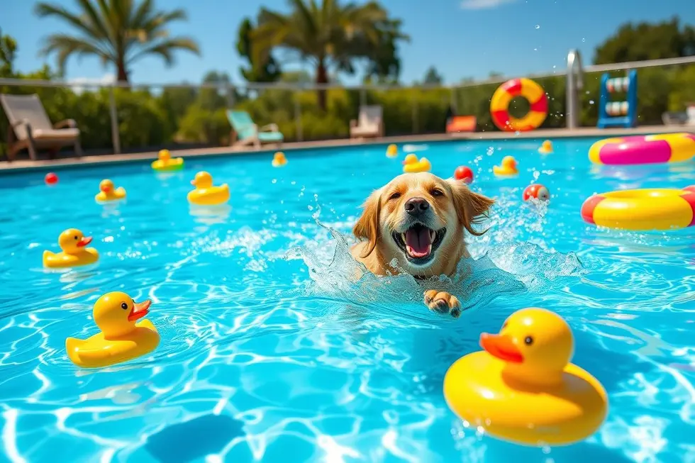 Golden Retriever brincando feliz na piscina com brinquedos.
