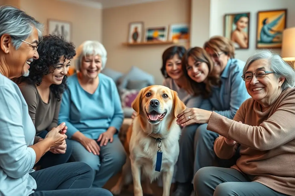 Cães de terapia em um ambiente de reabilitação com pessoas sorrindo.