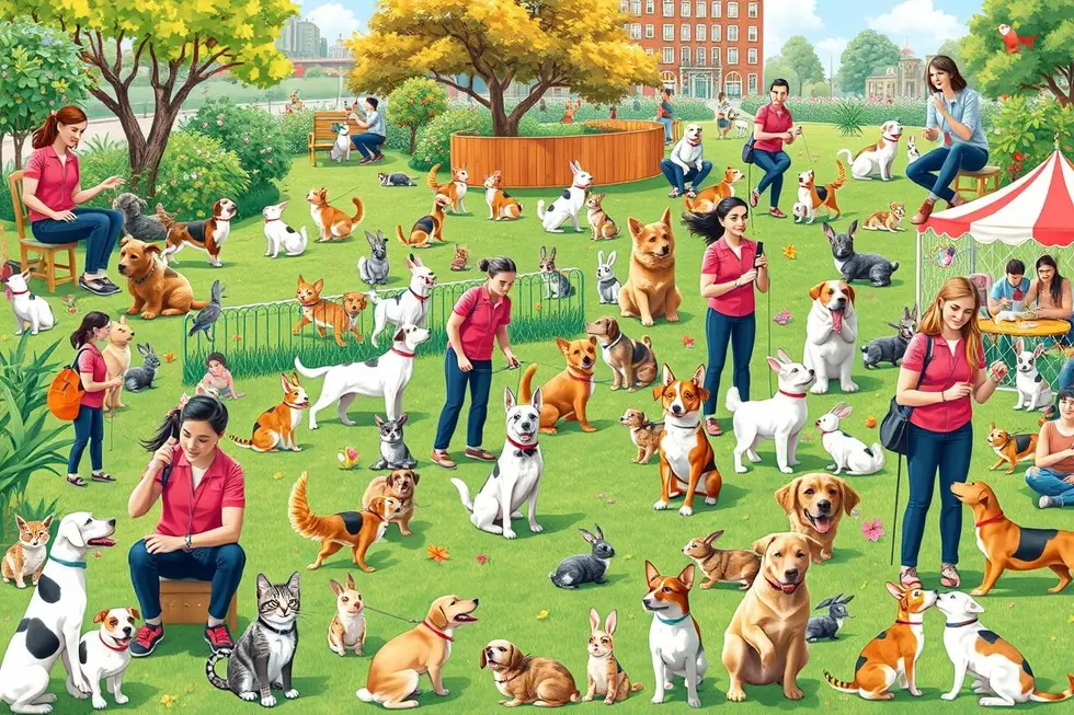 Colagem vibrante de adestradores trabalhando com diferentes animais.