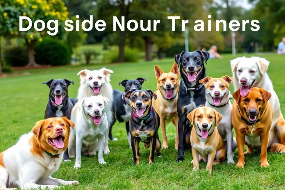 Uma variedade de raças caninas brincando no parque, simbolizando o trabalho de adestradores.