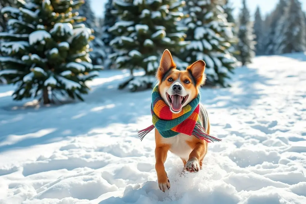 Cachorro alegre brincando na neve com um cachecol colorido.