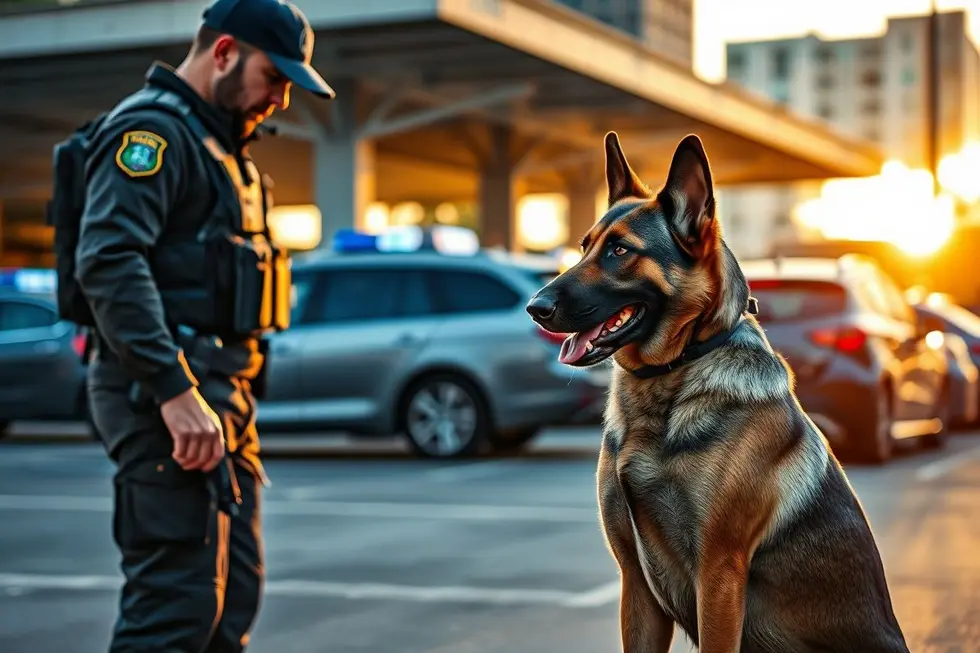 Dupla de cães e tutores em ação na perícia criminal.