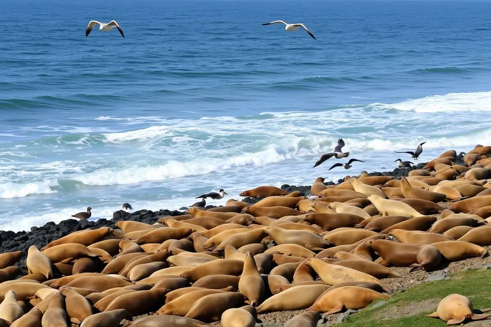 Uma colônia de elefantes-marinhos sob o sol com ondas ao fundo.
