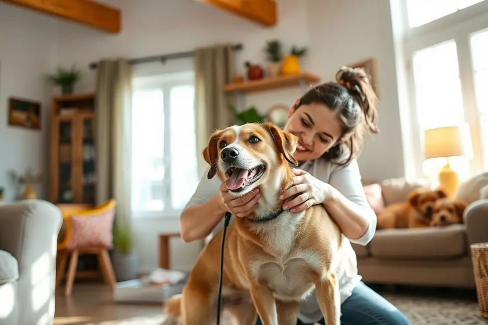 Dono cuidando de um cachorro vira-lata em casa.