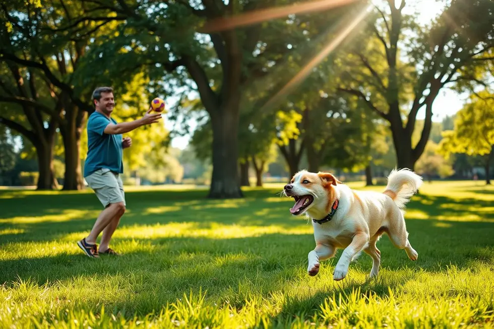Adestrador brincando de buscar com um cachorro em um parque.