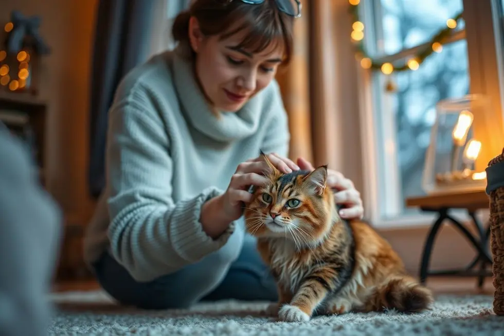 Dono proporcionando alegria e segurança ao seu gato no frio.