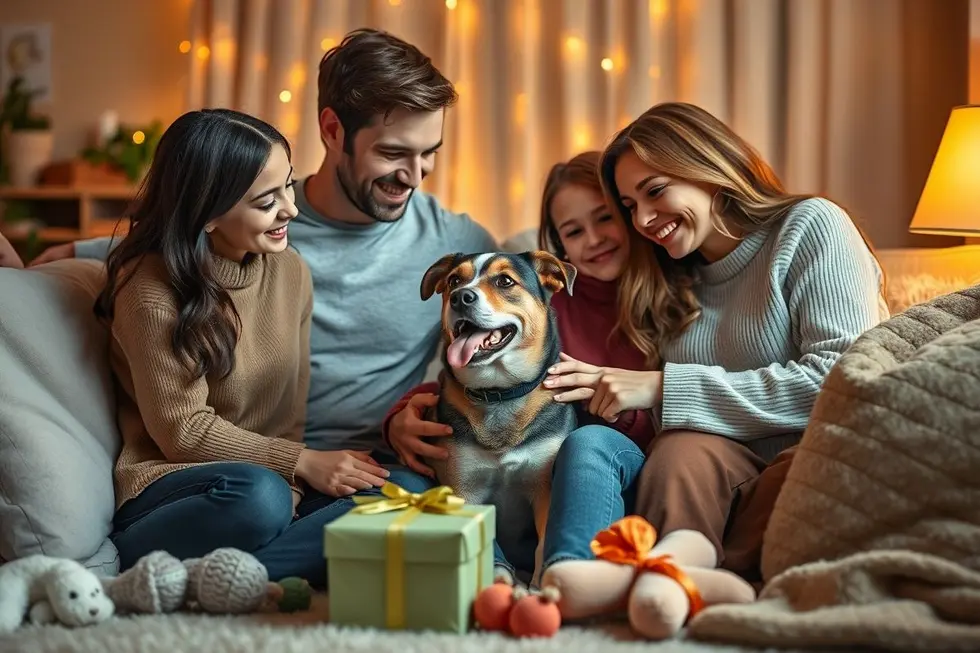 Família feliz com seu cachorro vira-lata adotado.