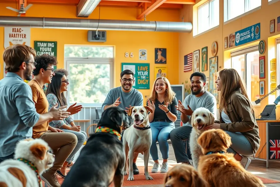 Grupo de jovens adultos entusiasmados discutindo técnicas de adestramento de cães.