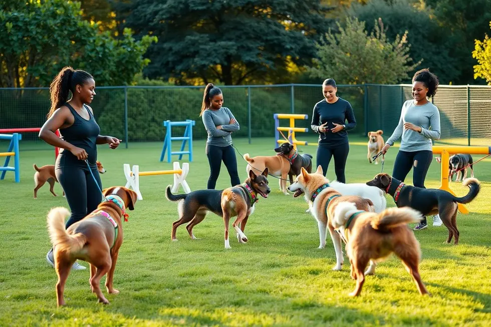 Um grupo diversificado de futuros adestradores de cães participando de atividades educativas.