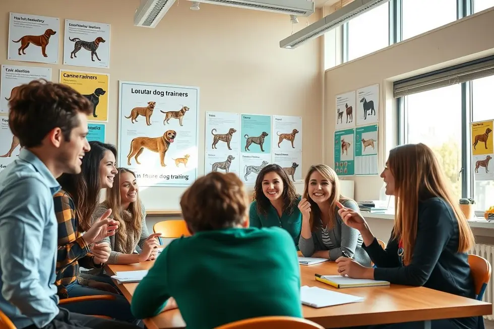 Grupo de aspirantes a adestradores de cães discutindo comportamentos caninos.
