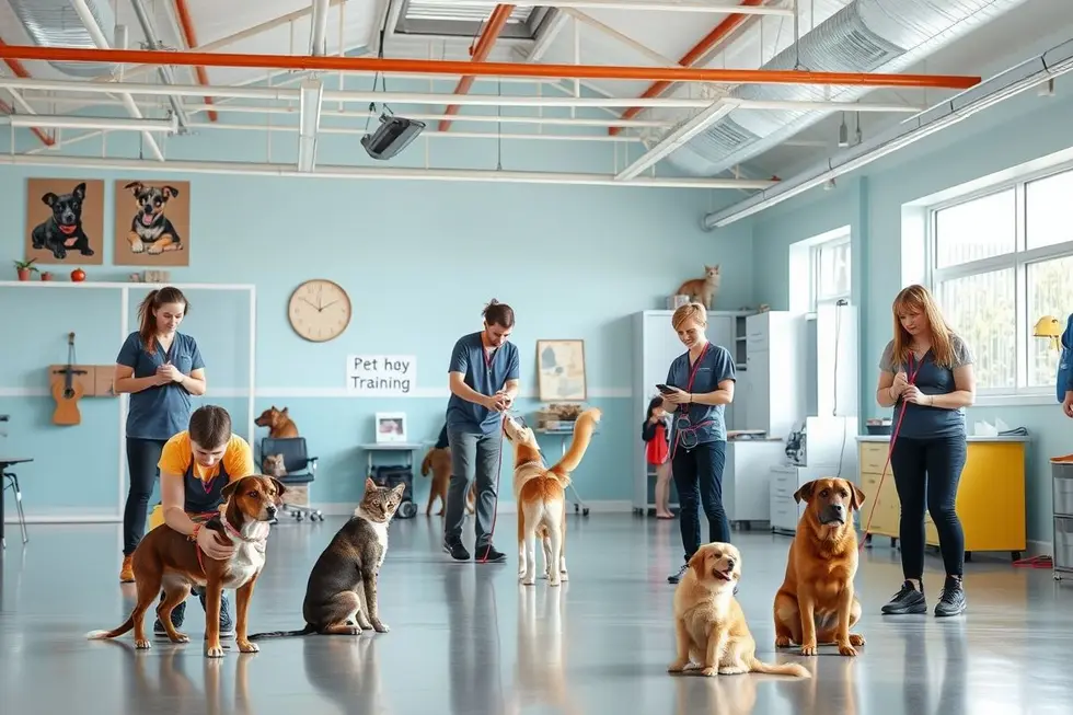 Vários adestradores envolvidos em treinos com diferentes animais em um centro de treinamento.