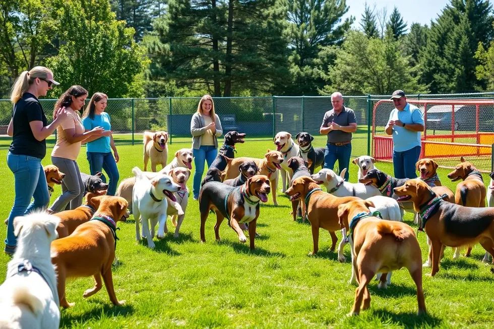 Grupo de adestradores interagindo com cães em um ambiente de treinamento.