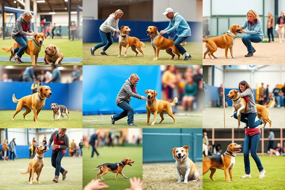 Colagem de cenas de treinamento de cães mostrando a conexão entre treinadores e os pets.
