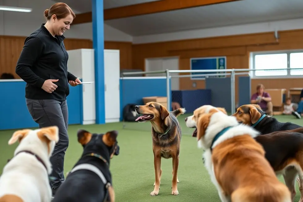 Um adestrador de cães na escola, interagindo com vários cães durante a aula.