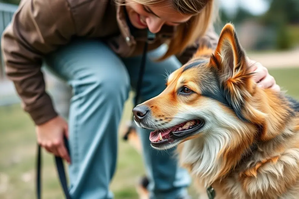 Um adestrador alegre interagindo com um cão amistoso ao ar livre.