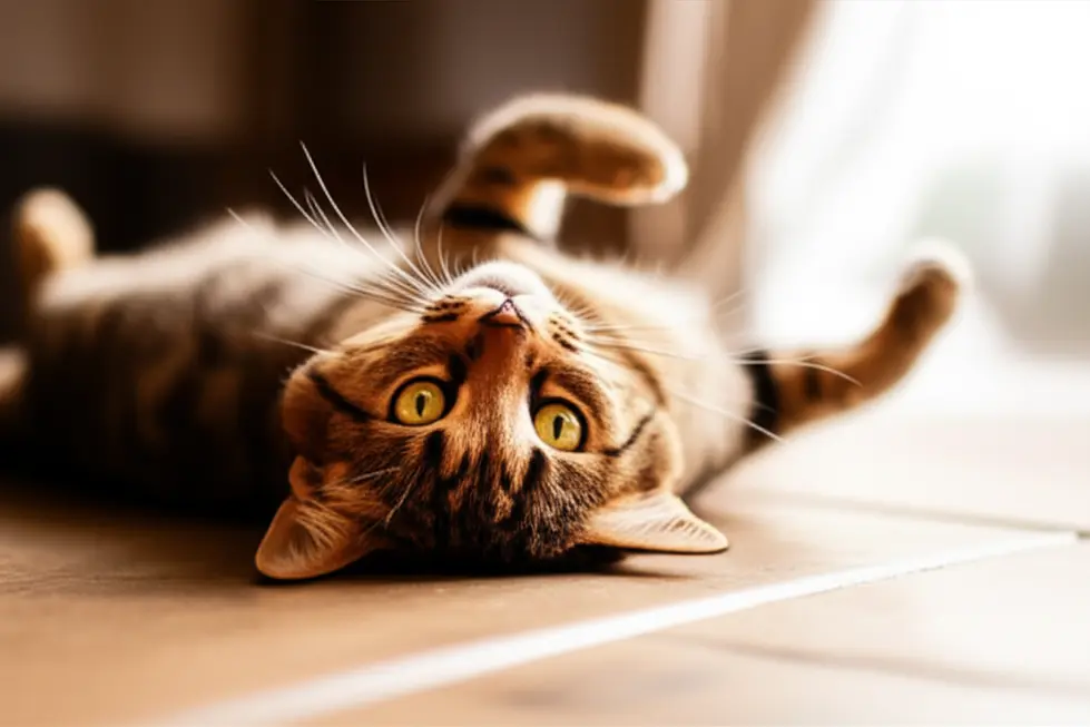 Cena de um gato dormindo de barriga para cima, simbolizando confiança.