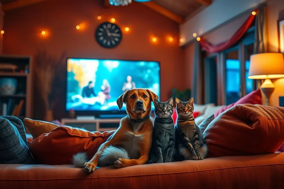 Cachorro e gato assistindo a um filme juntos