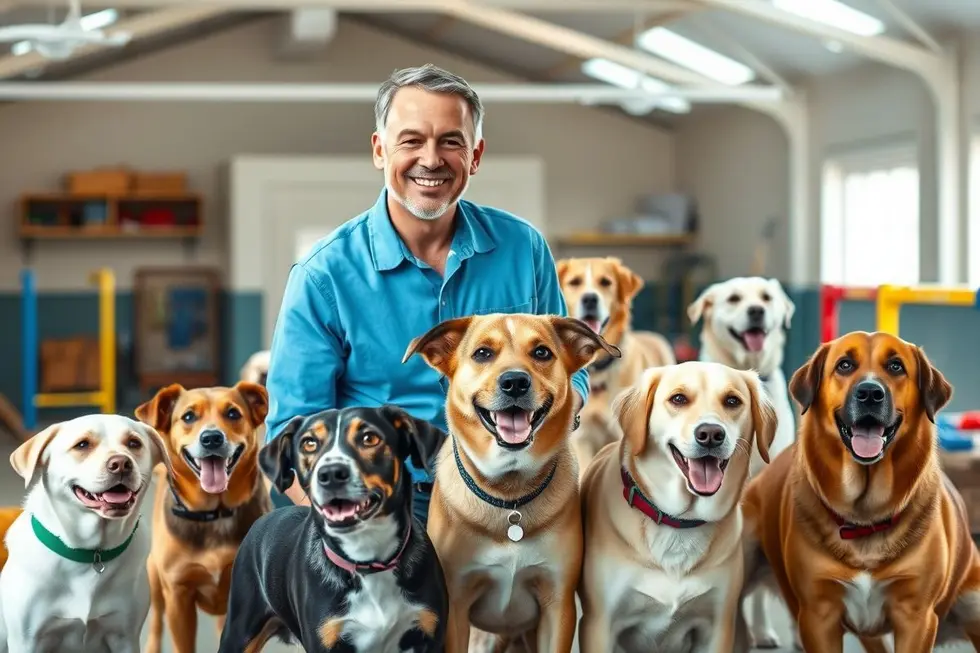 Um adestrador de cães sorridente cercado por cães prontos para aprender.